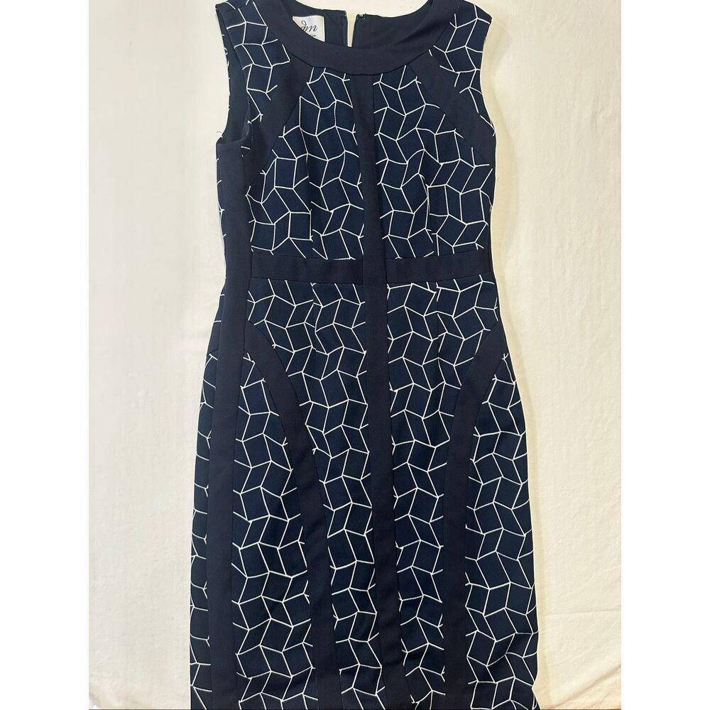 DM Collection Sheath Dress Navy White Geometric Print Sleeveless Career Size 2
